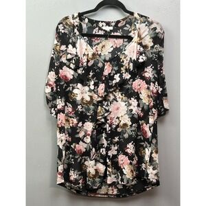 SirenLily Shirt Womens 1X Black Pink Floral Sheer Ruffle Short Sleeve Top